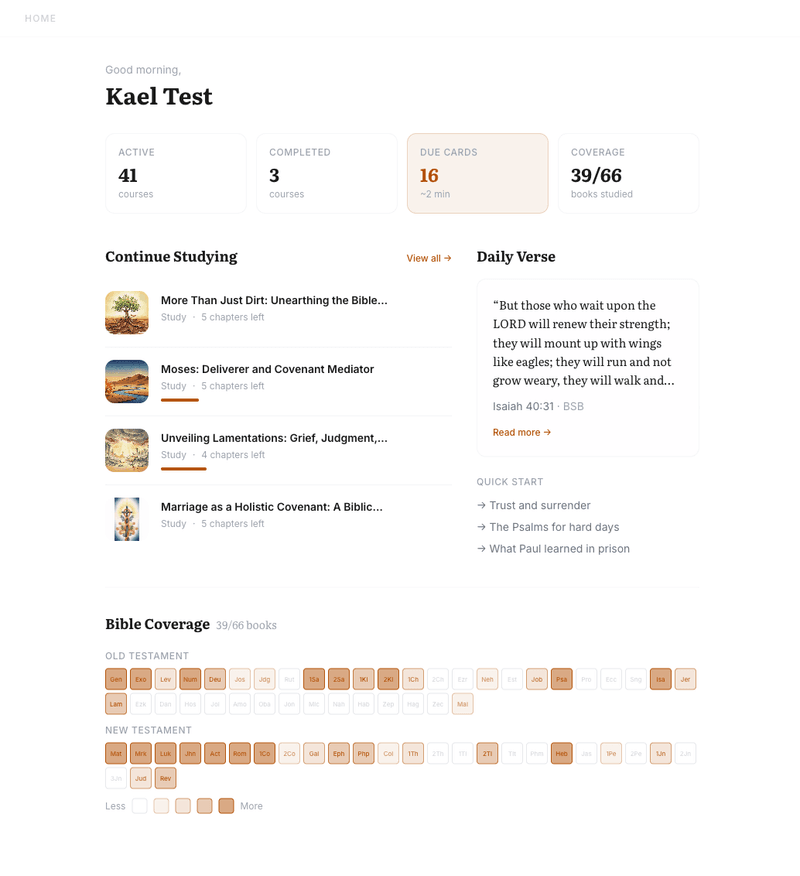OpenLumin Dashboard — stats, courses, daily verse, Bible coverage