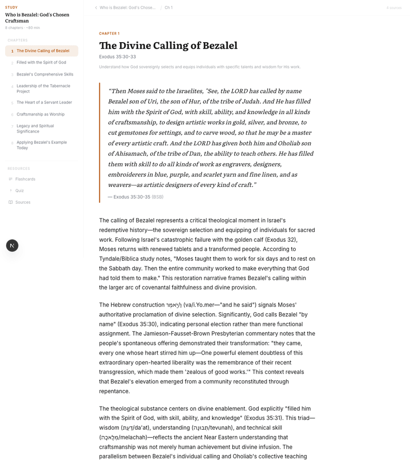 Lesson page — historical foundation, text, scholars, questions