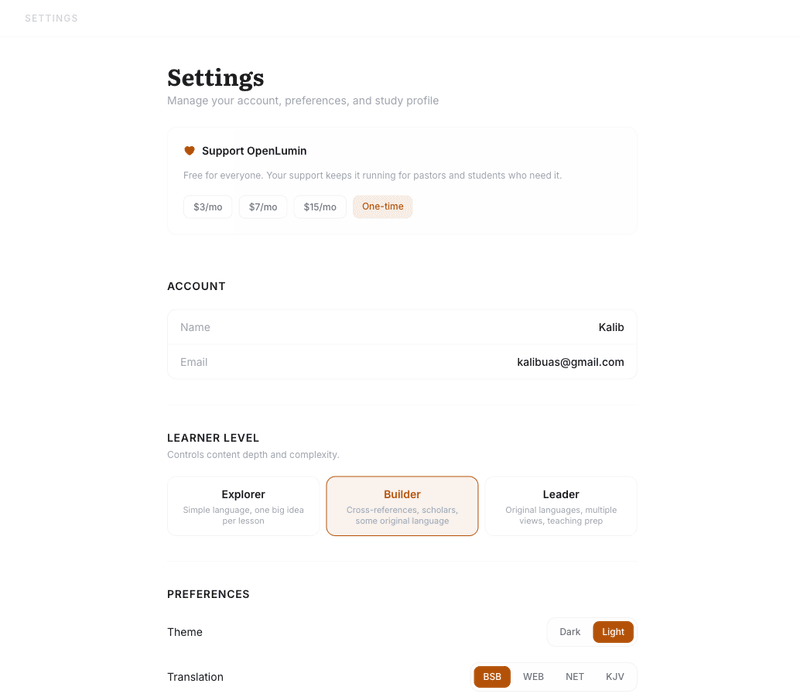 Settings page — learner level, theme, translation, denomination